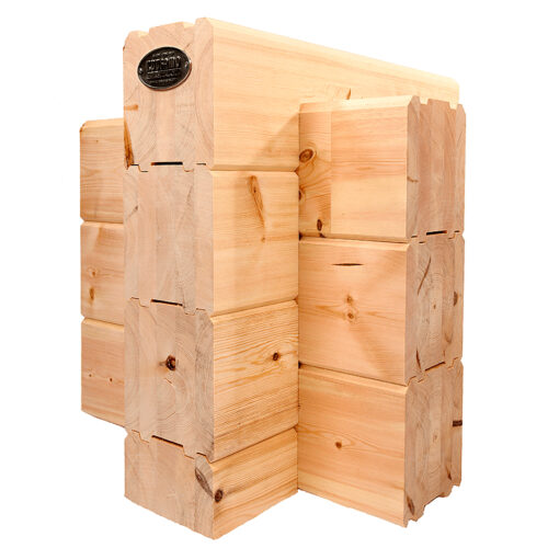Log corner joint type: Cross corner joint made from laminated logs