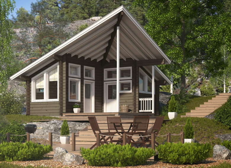 A modern sauna cabin with a soaring roof.