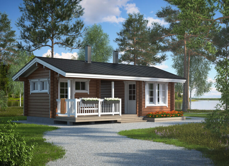 Harjakattoinen, tyylikäs hirsisaunamökki.