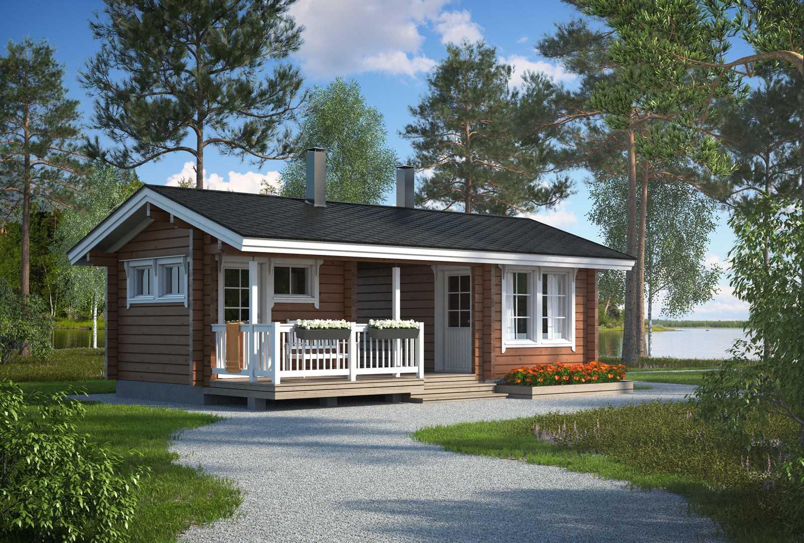 Harjakattoinen, tyylikäs hirsisaunamökki.