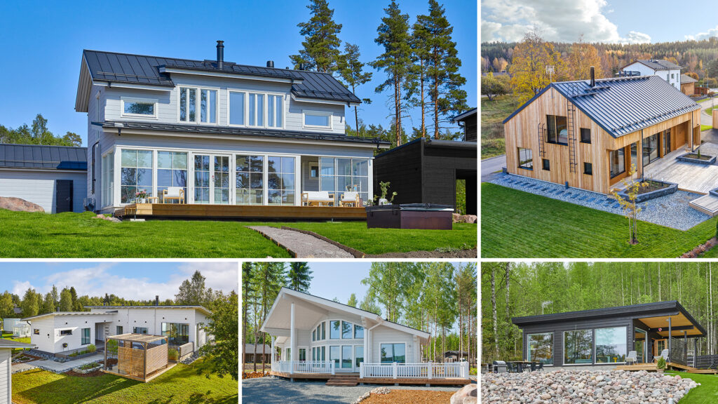 Bildkollage av projekt som levererats av Kuusamo Timmerhus.