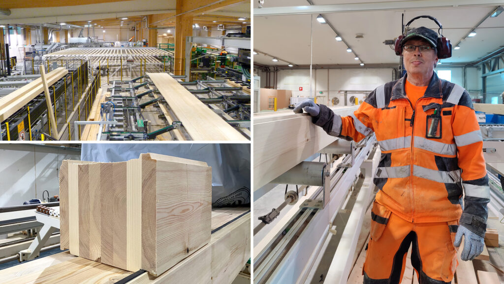 Bildkollage av timmerhusproducenten Kuusamo Timmerhus och Pölkys produktionslokaler.