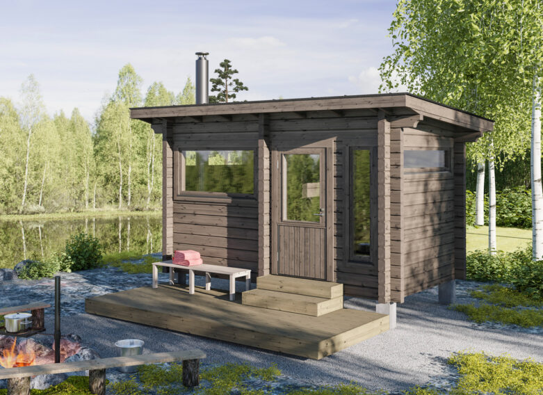Pieni pihasauna modernilla pulpettikatolla.
