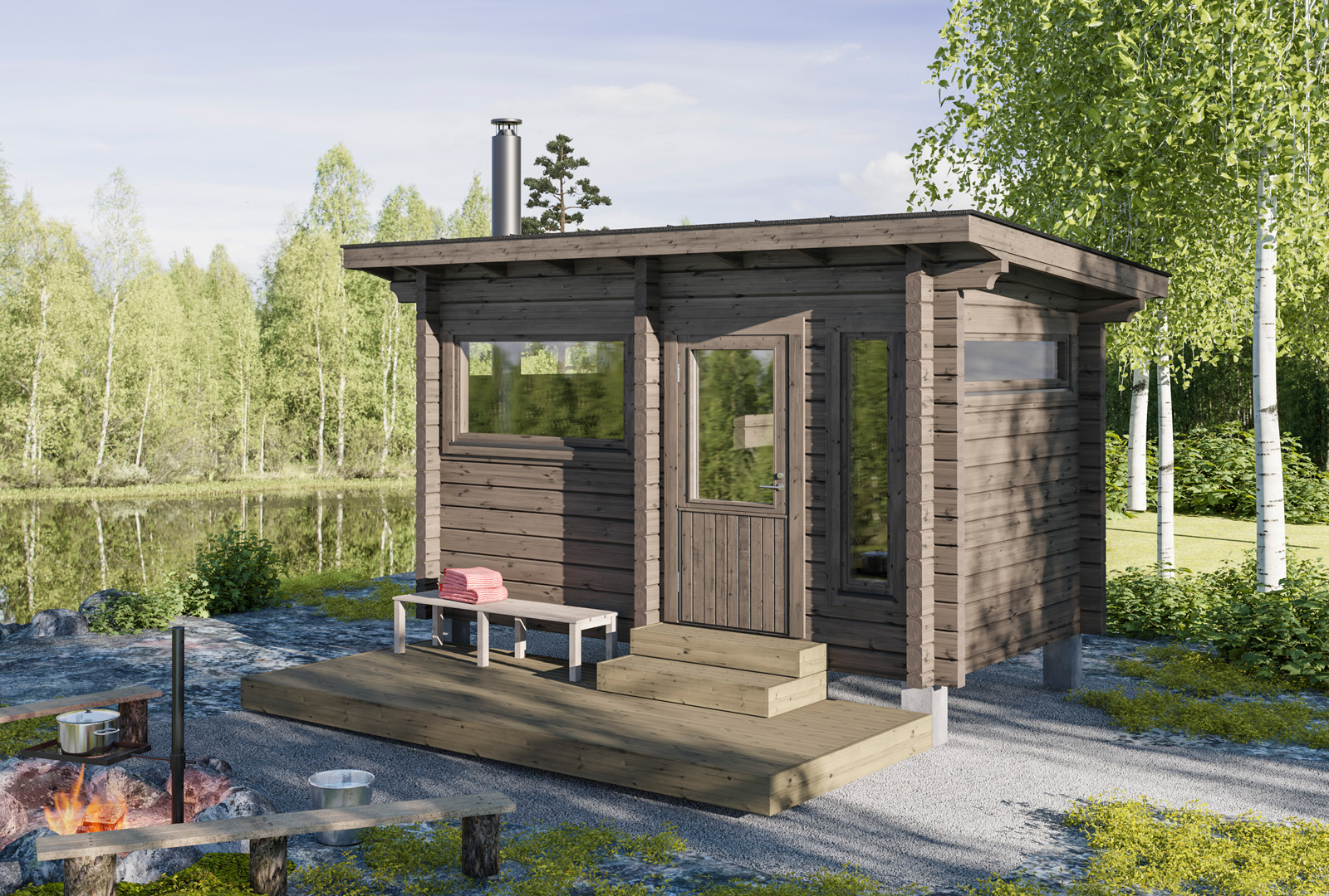 Pieni pihasauna modernilla pulpettikatolla.