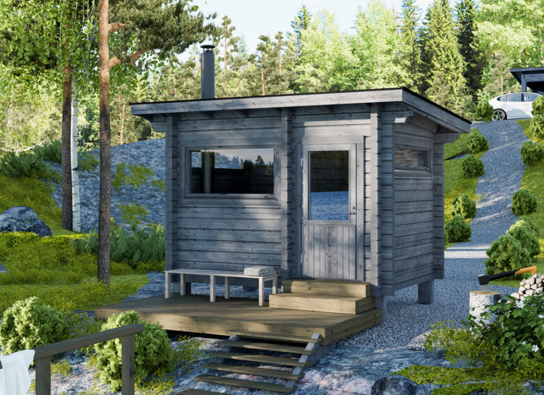 Moderni pulpettikattoinen pikkusauna.