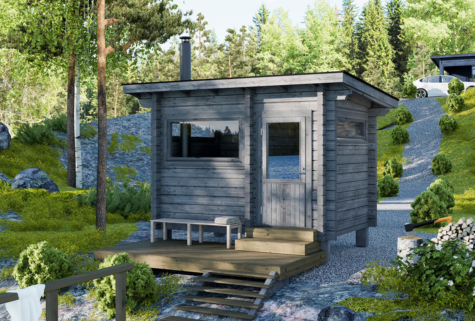 Moderni pulpettikattoinen pikkusauna.