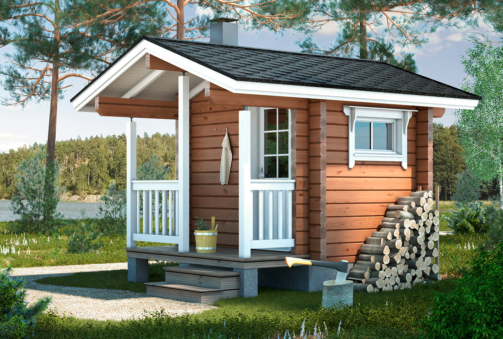Pieni perinteinen ja harjakattoinen hirsisauna.