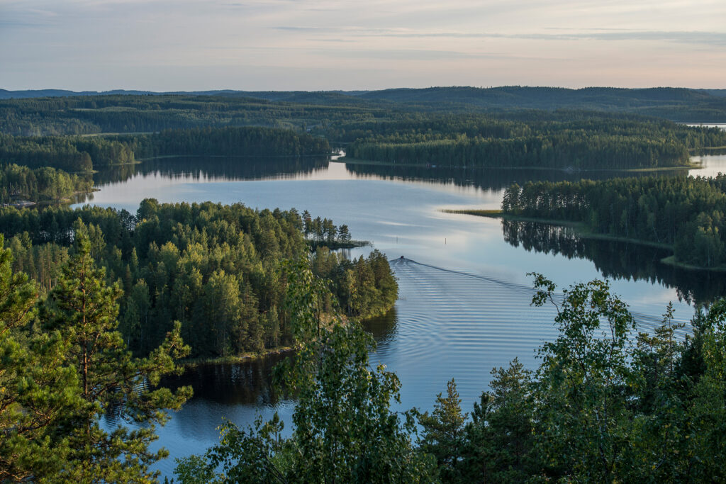Suomalainen järvimaisema vihreine metsineen.