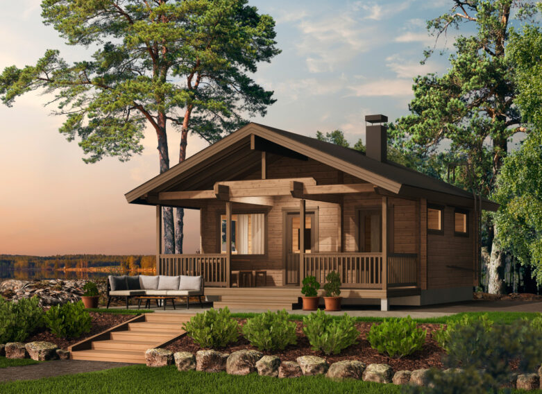 A traditional log cabin with a pitched roof.