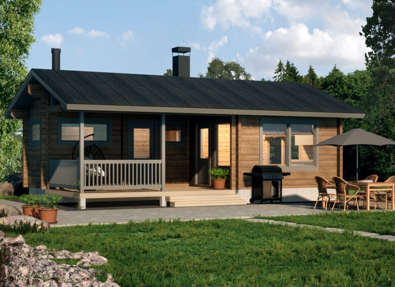 A sauna cabin with a pitched roof and a terrace.
