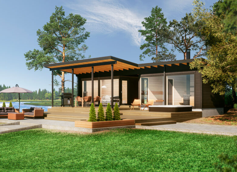 A modern and spacious sauna cabin with a Pent roof.