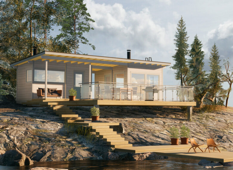 A modern and spacious sauna cabin divided into two sections.