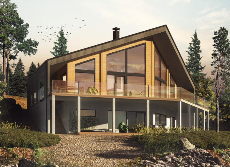 The Nuuna M 190 model is a two-storey, modern log house.