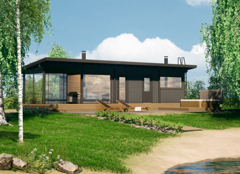 A clean and modern sauna cabin with a pent roof.