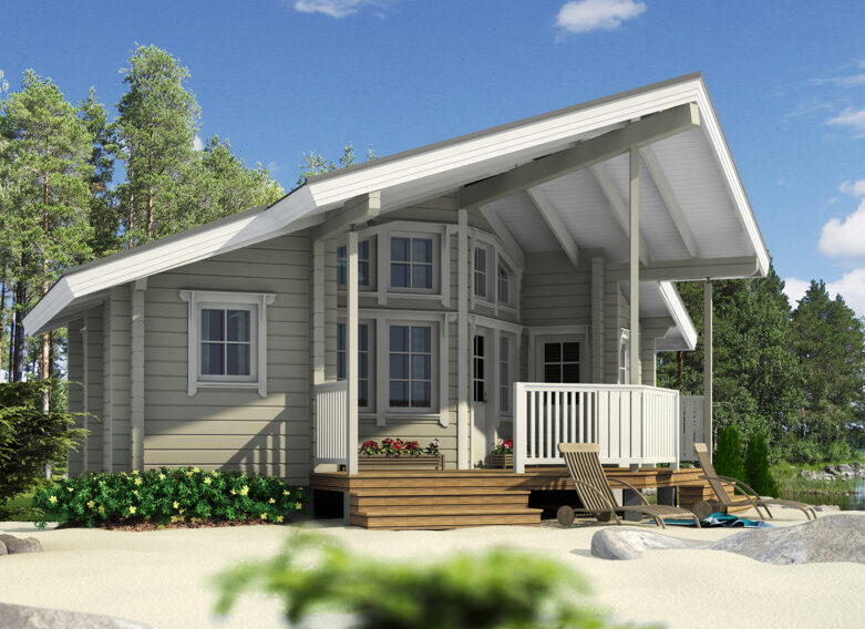 A spacious sauna cabin with a soaring gabled roof.