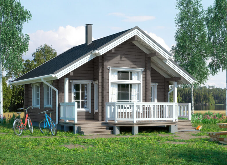 A fairly tall log cabin with a pitched roof, which also features a terrace area.