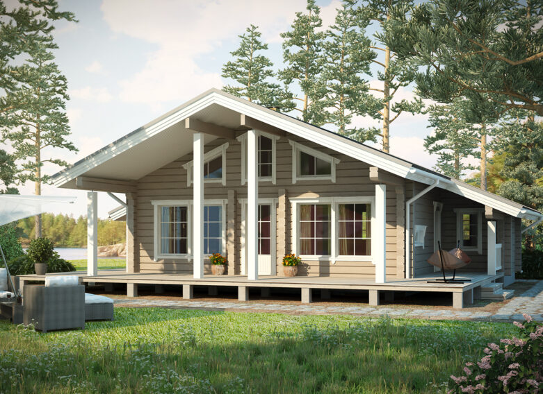 A traditional log villa surrounded by a terrace.