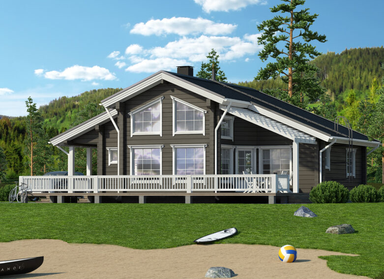 A stylish log villa with a gently sloping gable roof.