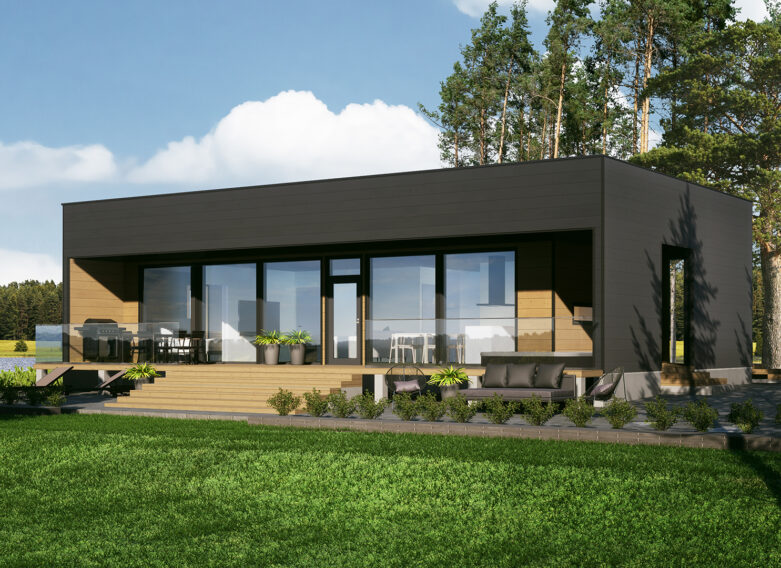 A modern and sleek log house with a sheltered covered terrace.