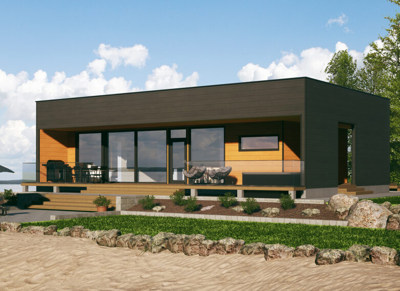 A modern log house with a clean-lined exterior.