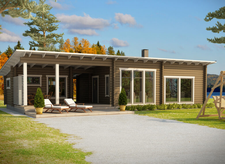 Pulpettikattoinen hirsihuvila, jossa sauna- ja oleskelutilat ovat omissa osastoissaan.