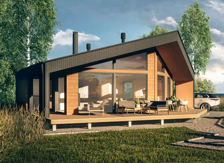 A modern log villa with a wedge-shaped floor plan and a gabled roof rising high at the front of the building.