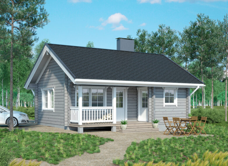 A small log cabin with a small terrace by the entrance.