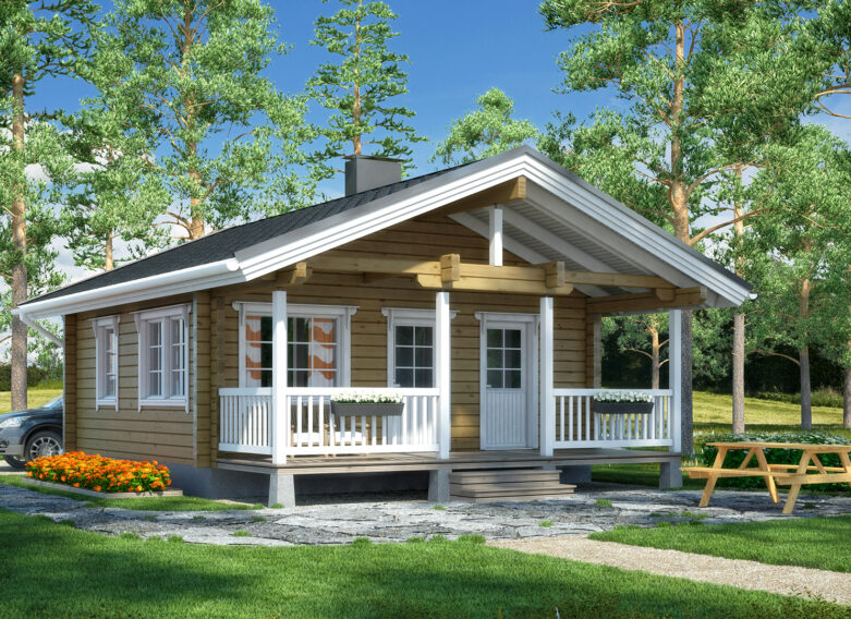 A traditional log cabin that blends beautifully into the Finnish lakeside landscape.