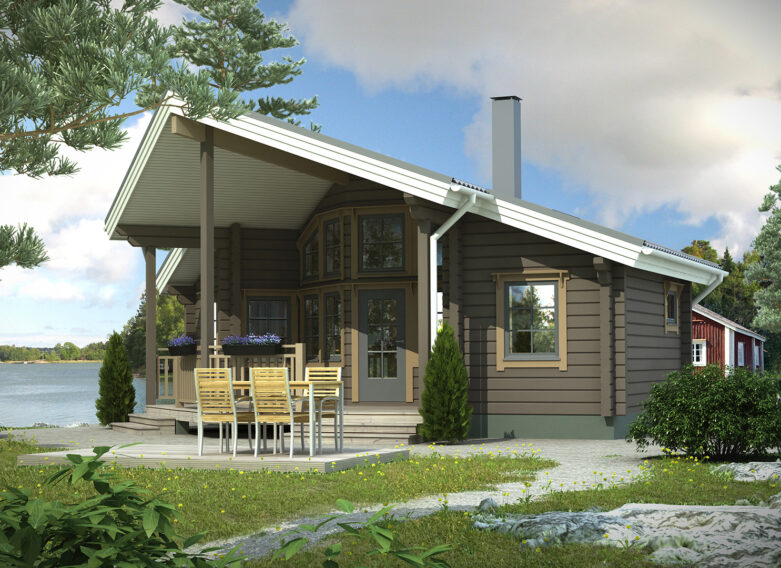 A modern log villa with a pitched roof rising towards the front of the building.