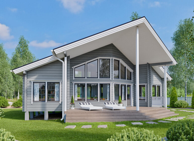 En stilig timmervilla med en rymlig terrass på framsidan där man kan njuta av sommardagarna.