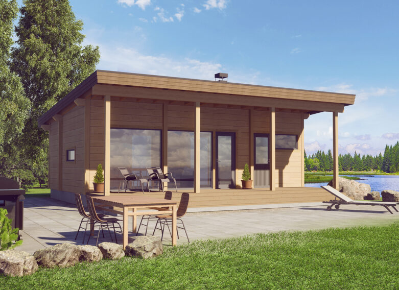 A modern cottage with a pitched roof, featuring large windows in the living areas that look out onto the surrounding landscape.
