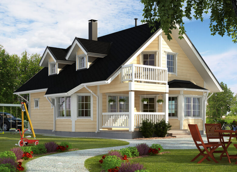 A traditional 1.5-storey log house with two oblique-angled bay windows.