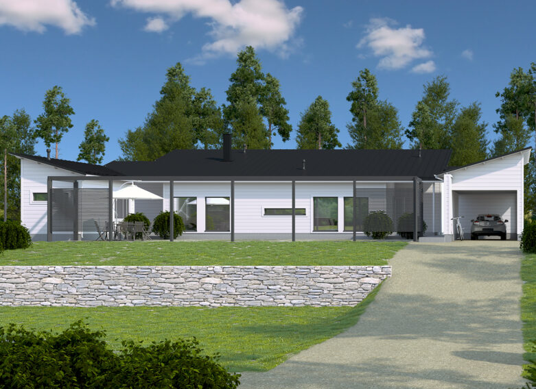 A sheltered atrium building with a pent roof. The atrium courtyard provides shelter, for example, in an urban setting.