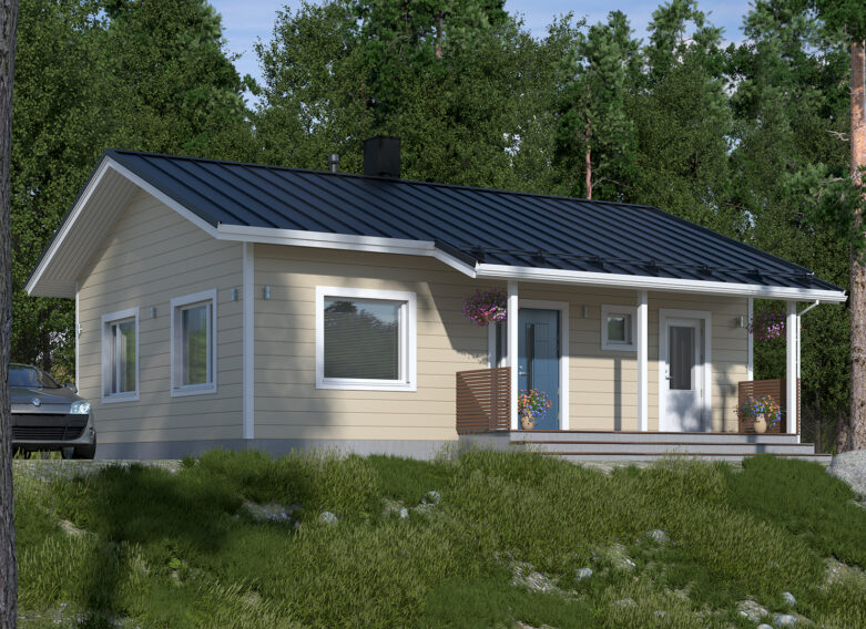 A small, charming log house with a pitched roof.