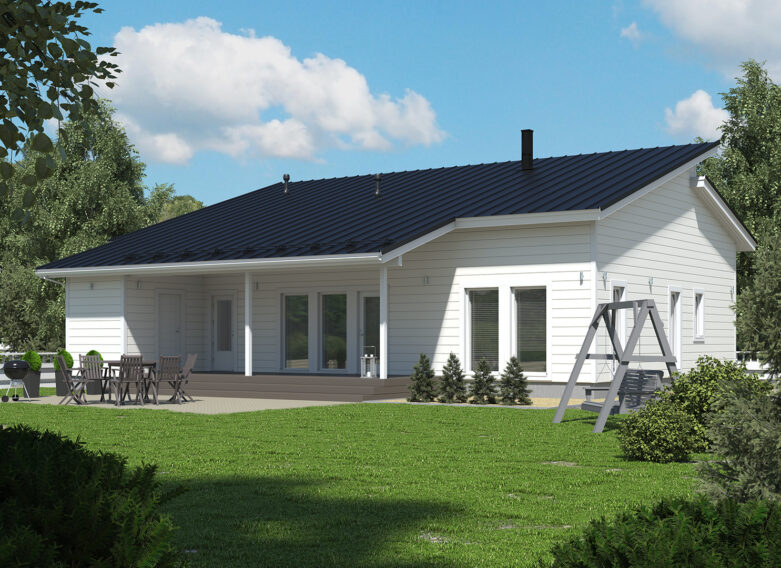 Ett modernt timmerhus med ett tak med brutt linje.