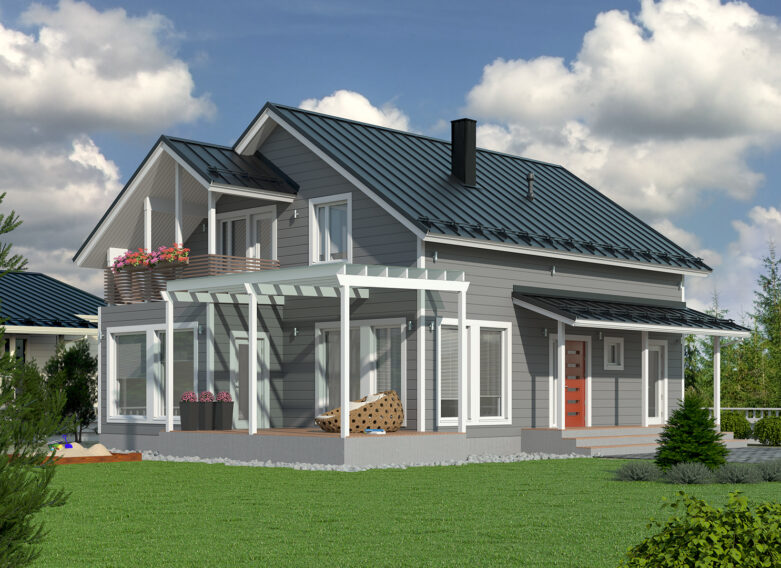 A grey 1.5-storey log house with a red front door.