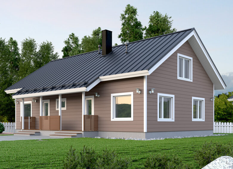 A sturdy log house with a pitched roof and a sheered corner joint.