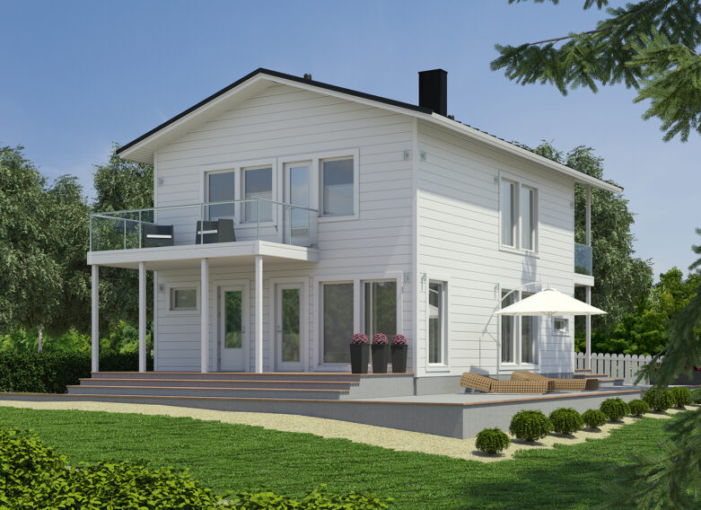 A two-storey log house with a pitched roof, photographed from the outside. The balcony has glass railings.