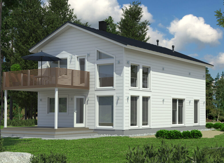 Ett tvåvåningstimmerhus med en rymlig terrass och balkong.