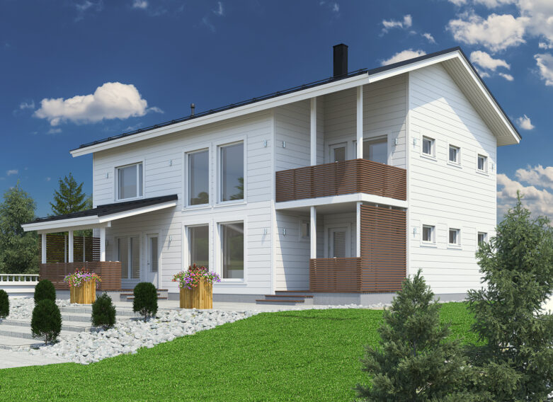 A stately two-storey log house. The balcony railings are made of wooden slats.
