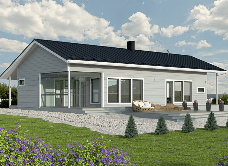 A single-storey grey log house with a glazed terrace at one end.