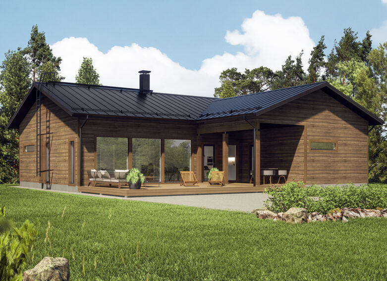 An L-shaped, dark-coloured log house with a pitched roof.
