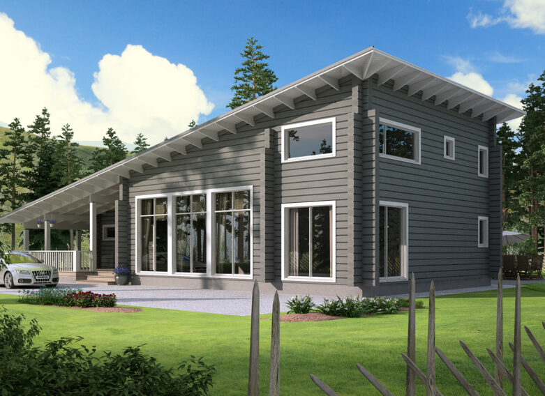 The pent roof and large windows give the Saapunki log house a modern look.