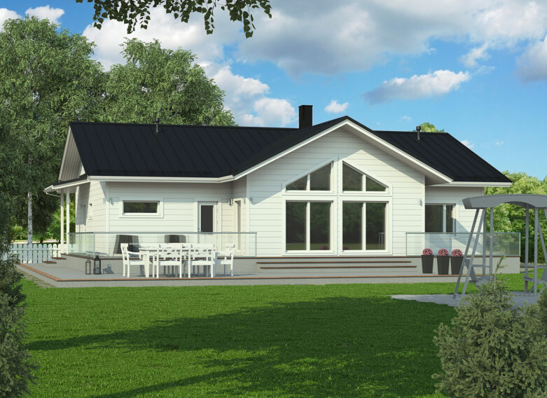 Ett timmerhus med sadeltak, vars fasad livas upp av triangulära dekorfönster som ger huset en personlig prägel.