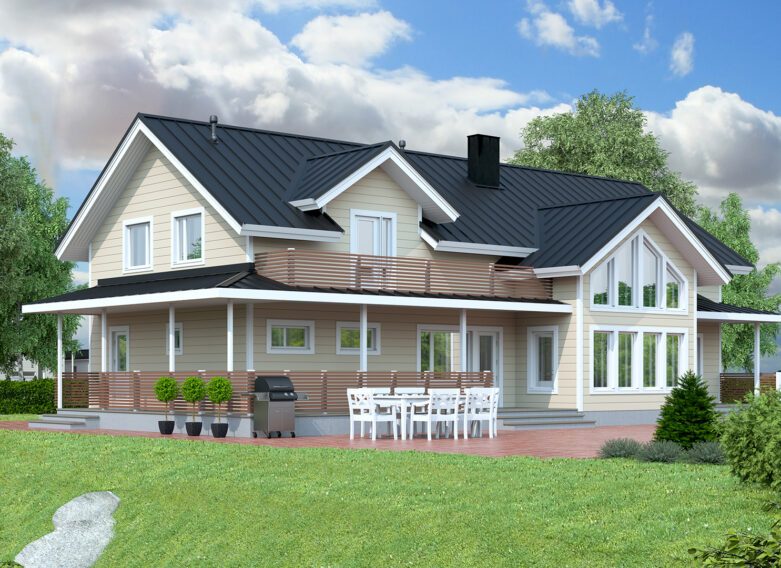 A traditional, manor-style 1.5-storey log house.
