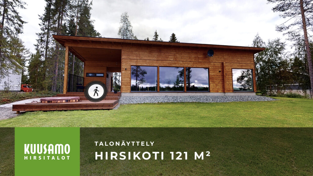 Ulkokuva esiteltävästä pulpettikattoisesta hirsikodista.