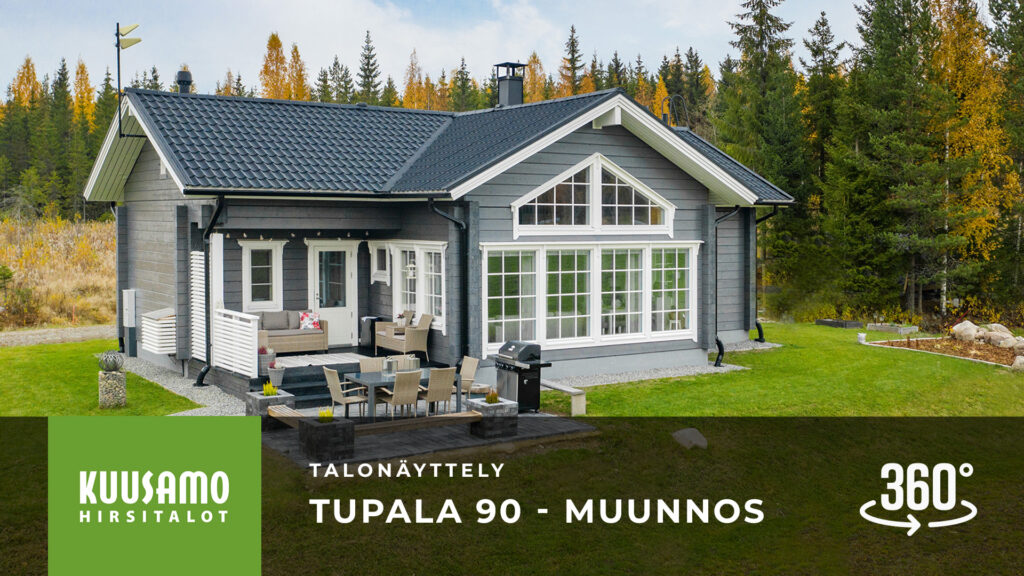 Perinteisen tyylisessä hirsitalo Tupalassa on ristinurkat, harjakatto sekä iso erkkeri.