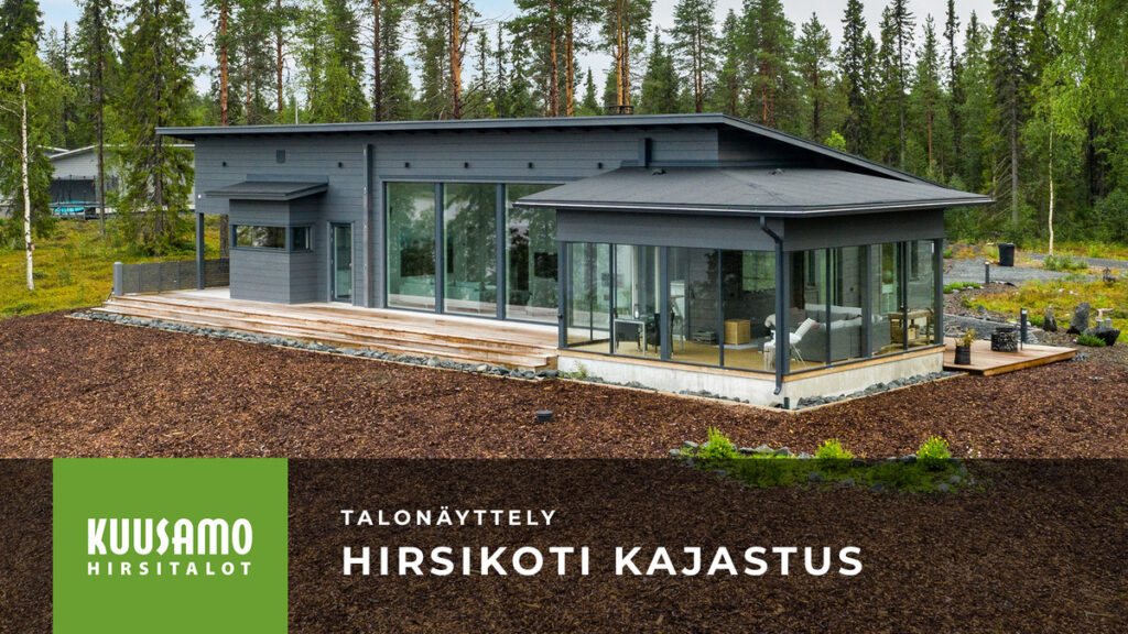 Pulpettikattoisessa Kajastuksessa on iso lasitettu terassi talon kulmalla. Isot ikkunat tuovat valoa kotiin.