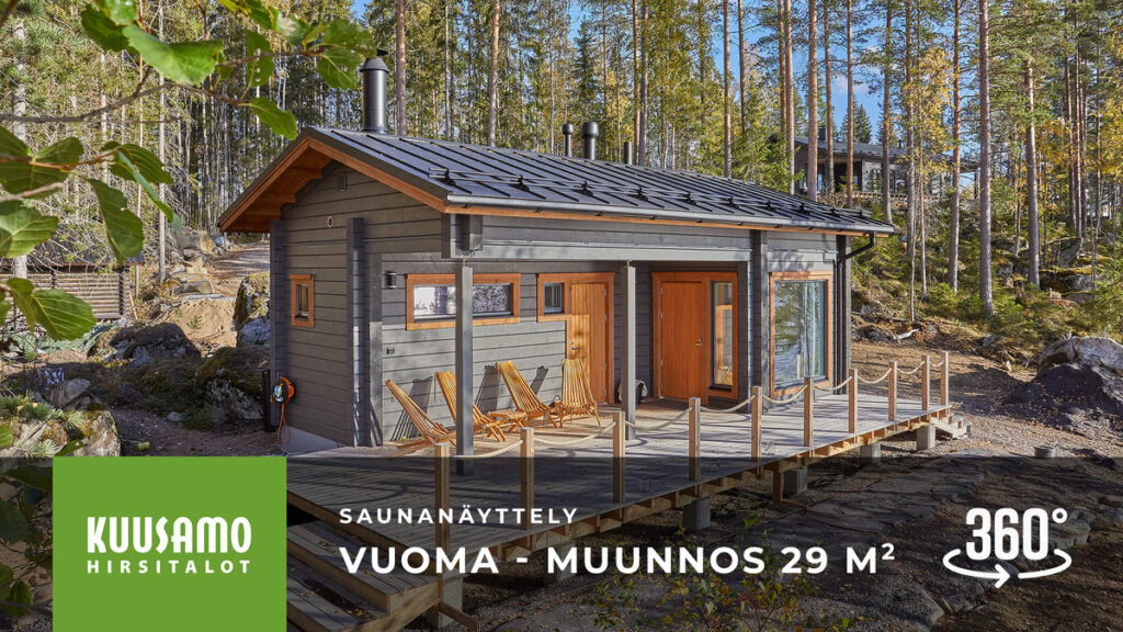 Saunamökki Vuoma on pulpettikattoinen pitkä, mutta kapea hirsisauna.