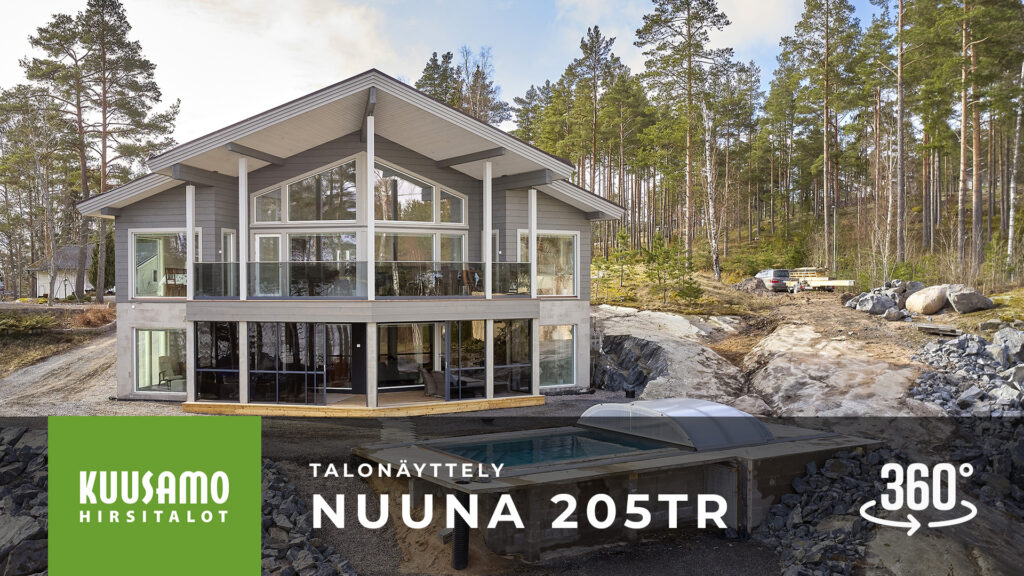 Harjakattoinen, rinteeseen rakennettu hirsitalo Nuuna. Alakerta on betonirakenteinen ja varsinainen asuinkerros on hirrestä.